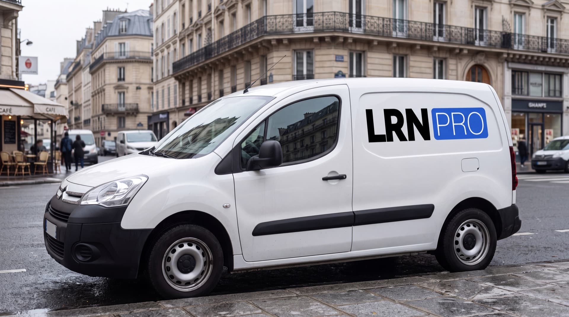 Camionnette LRN Pro garée dans une rue de Paris, devant des immeubles haussmanniens